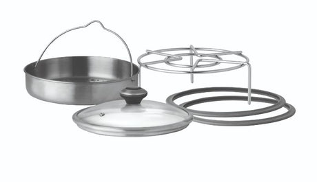 Pressure Cooker Accessory Pack featuring a glass lid, stainless steel steamer, trivet, and spare sealing rings for versatile cooking.