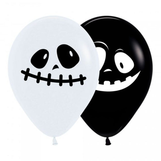 Pack of 12 30cm black and white latex balloons featuring whimsical ghost designs, perfect for Halloween and festive events.