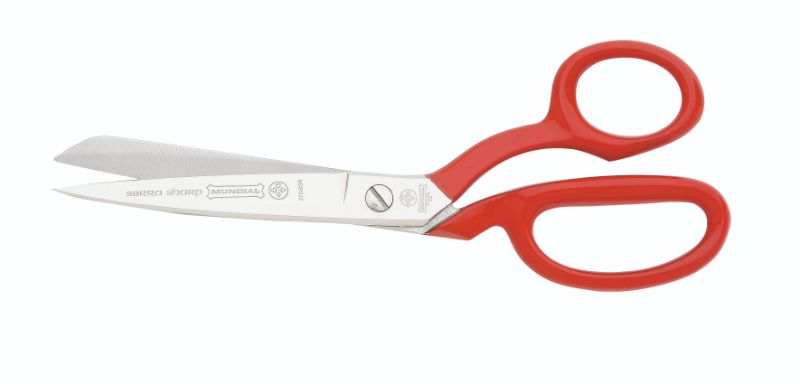 Red 20cm Mundial Serra Sharp Dressmaking Scissors with knife and serrated blades for precise cutting and control.