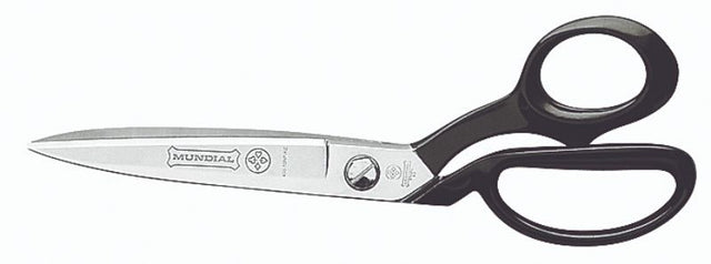 Mundial 25cm industrial shear with black handles, designed for precision cutting of fabrics and heavy materials.