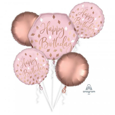 Pack of 5 self-sealing foil balloons for a cheerful "Happy Birthday" celebration.