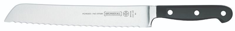 Mundial 20cm bread knife with serrated edge, ergonomic handle for precise slicing of crusty artisan breads.