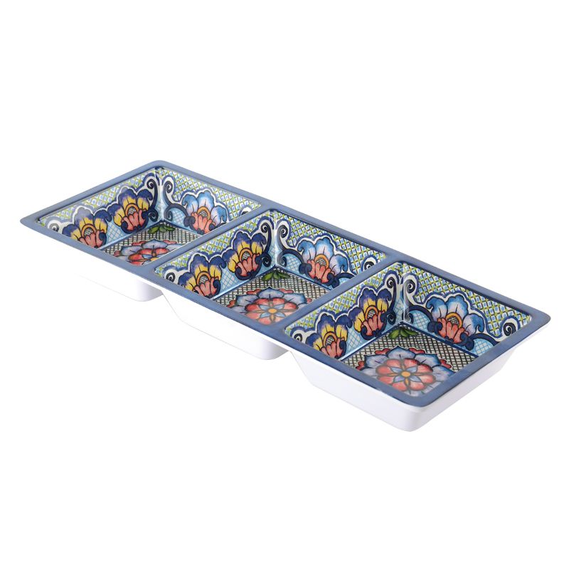 Blue Prepara Three Section Taco Tray with 3 compartments for toppings, durable melamine, and elegant decorative patterns.