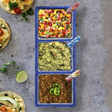 Prepara Three Section Taco Tray in blue, featuring three sections for toppings, durable melamine, and a decorative design.