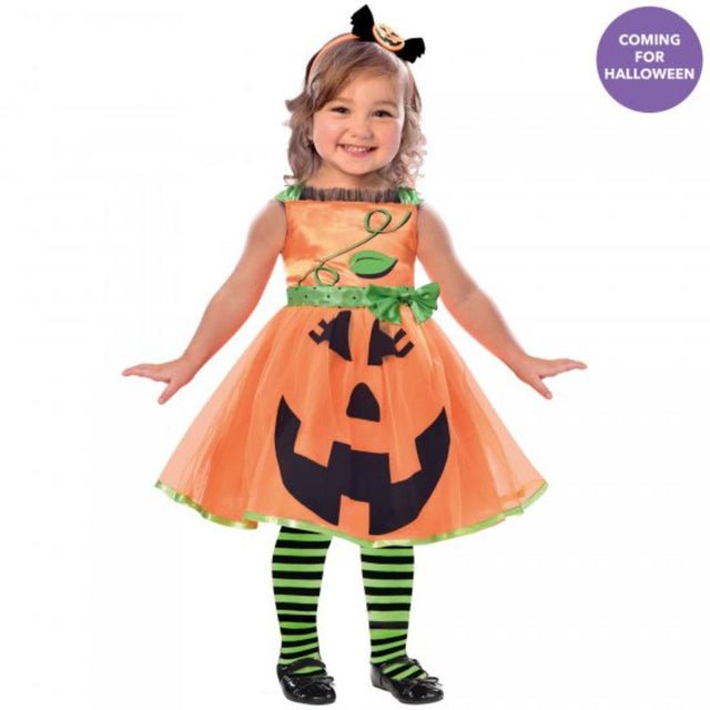 Adorable orange pumpkin costume for girls aged 4-6, complete with a matching headband for Halloween fun.