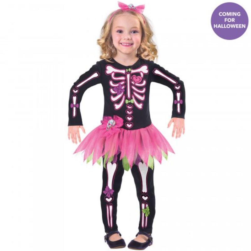 Adorable girls' skeleton costume with vibrant bone prints, perfect for Halloween parties and imaginative play.