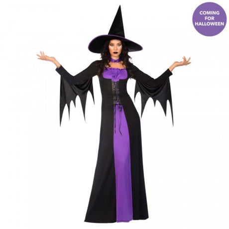 Classic witch costume for women size 12-14 featuring a stylish dress, choker, and dramatic hat for Halloween festivities.
