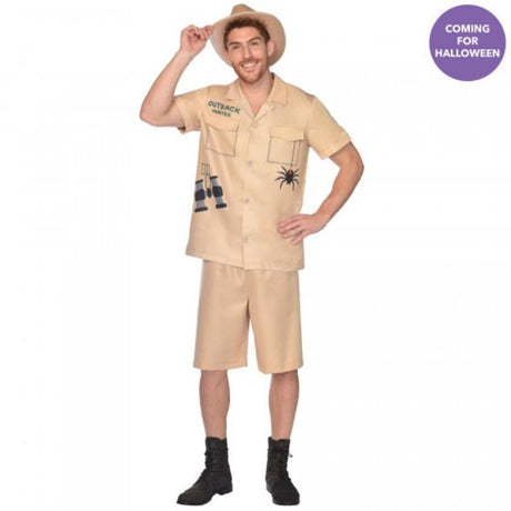 Men's XL Outback Hunter costume featuring a top, shorts, and hat, perfect for adventurous themed events and parties.