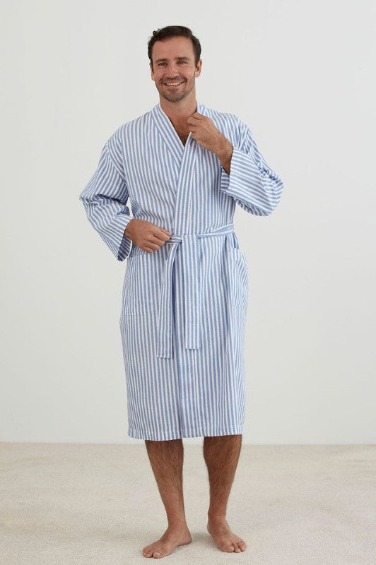 Lightweight blue and white striped kimono-style robe with pockets and waist tie, made from 100% cotton, L/XL size.