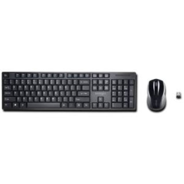 Kensington Pro Fit Wireless Desk Set featuring a low-profile USB keyboard and ambidextrous mouse for productivity and comfort.