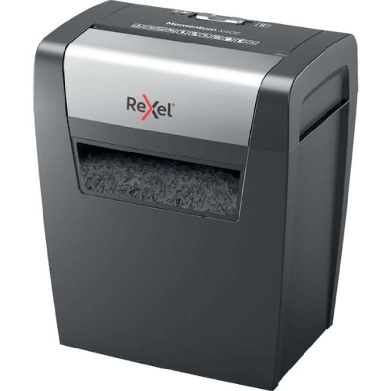 Kensington Rexel Momentum X406 shredder, cross-cutting 6 sheets for secure document disposal in home or office settings.