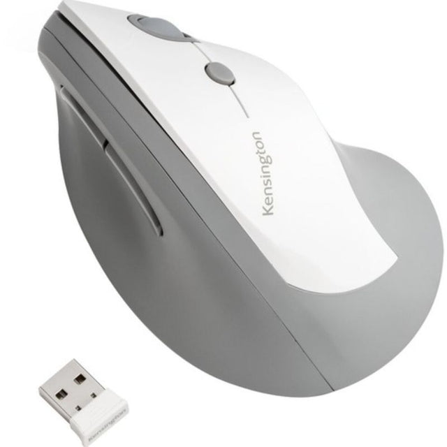 Ergonomic Kensington Pro Fit Ergo Vertical Wireless Mouse in grey, designed for comfort with a 46.7-degree slope and six buttons.