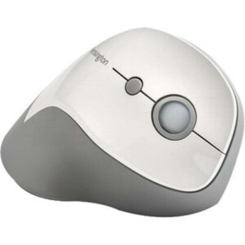 Ergonomic grey wireless mouse with a 46.7-degree slope, six buttons, and LED battery indicator for comfortable computing.