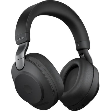 Jabra Evolve2 85 headset with wireless Bluetooth, over-the-head design, noise-canceling, and sleek charging stand.