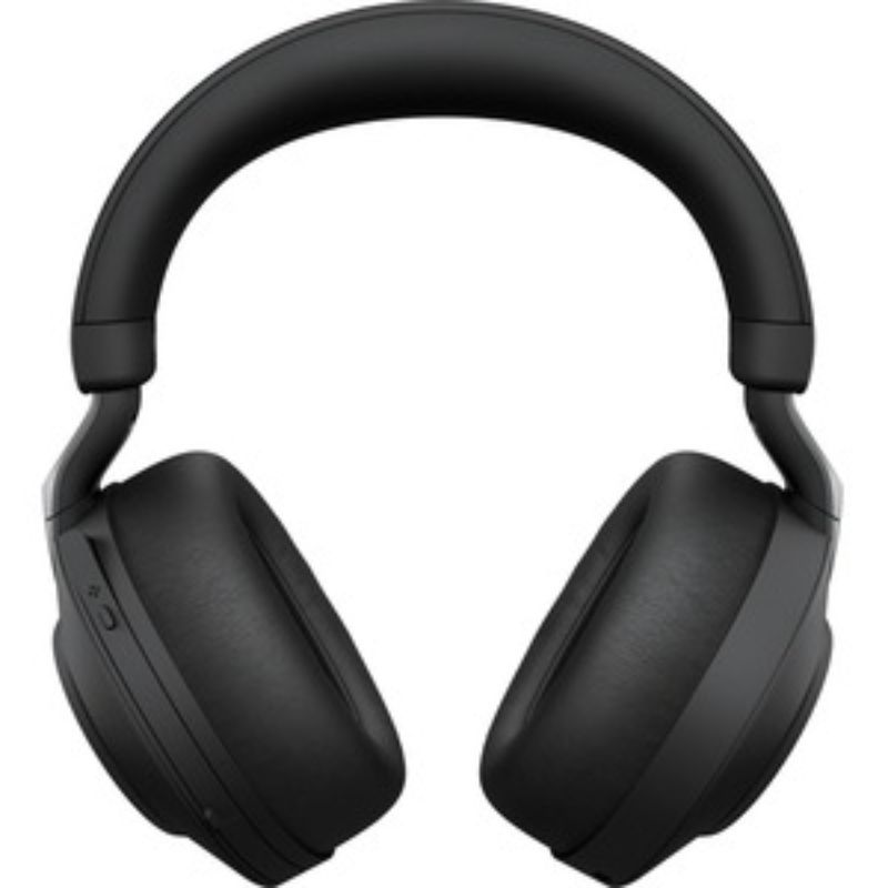 Jabra Evolve2 85 wireless headset in black, featuring over-the-head design, Bluetooth connectivity, and noise-canceling microphones.