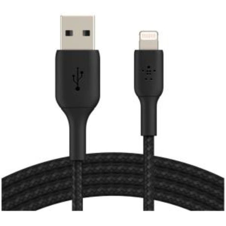 Belkin 15 cm Lightning to USB data transfer cable, black, MFi certified, durable braided design for fast charging and syncing.