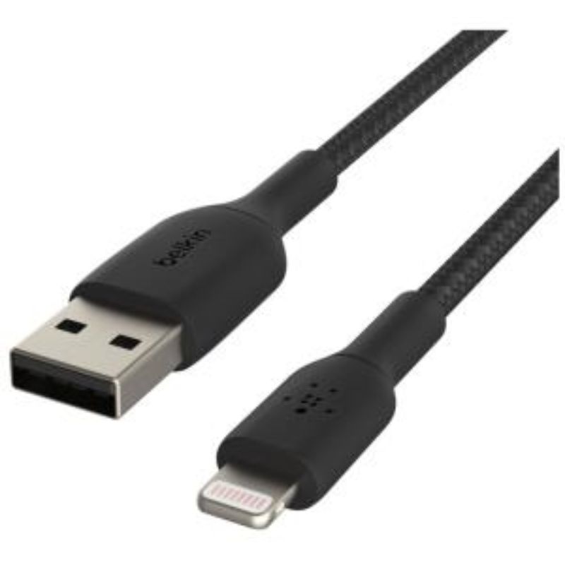 Belkin 15 cm Lightning to USB data transfer cable in black, featuring a durable braided design for reliable connectivity.