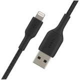 Compact 15 cm Belkin Lightning to USB cable, designed for fast charging and data transfer with MFi certification.