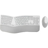 Gray ergonomic wireless keyboard and mouse set, featuring split design, built-in wrist support, and dual wireless connectivity options.