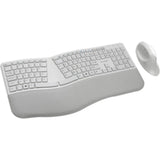 Ergonomic gray wireless keyboard and mouse combo with split design, adjustable tilt, and quiet operation for improved comfort.