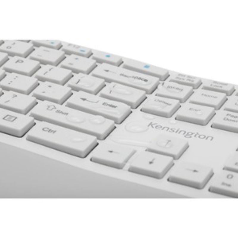 Ergonomic gray wireless keyboard and mouse combo featuring split design, wrist support, dual connectivity, and spill-proof keys.