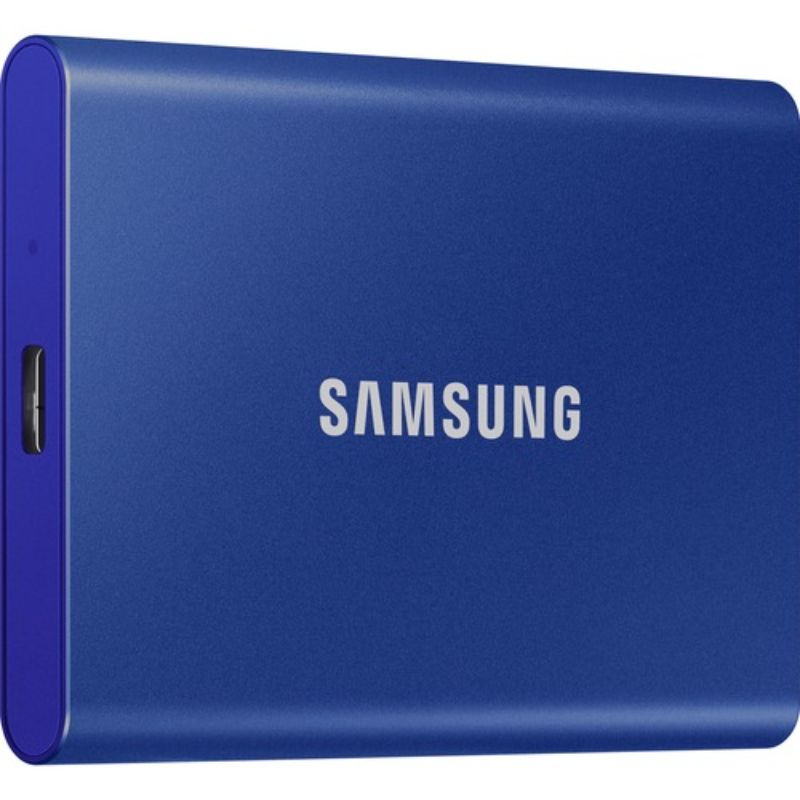 Samsung T7 1TB Portable SSD in indigo blue, featuring PCIe NVMe speed, 256-bit encryption, and USB 3.2 for fast data transfer.