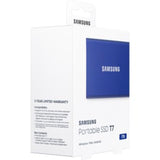 Samsung T7 1TB Portable SSD in indigo blue, compact design with 1050 MB/s speed and 256-bit encryption for secure data transfer.