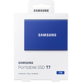 Samsung T7 1 TB Portable SSD in indigo blue, offering 1050 MB/s speed, USB 3.2 Type C, and 256-bit encryption for secure storage.