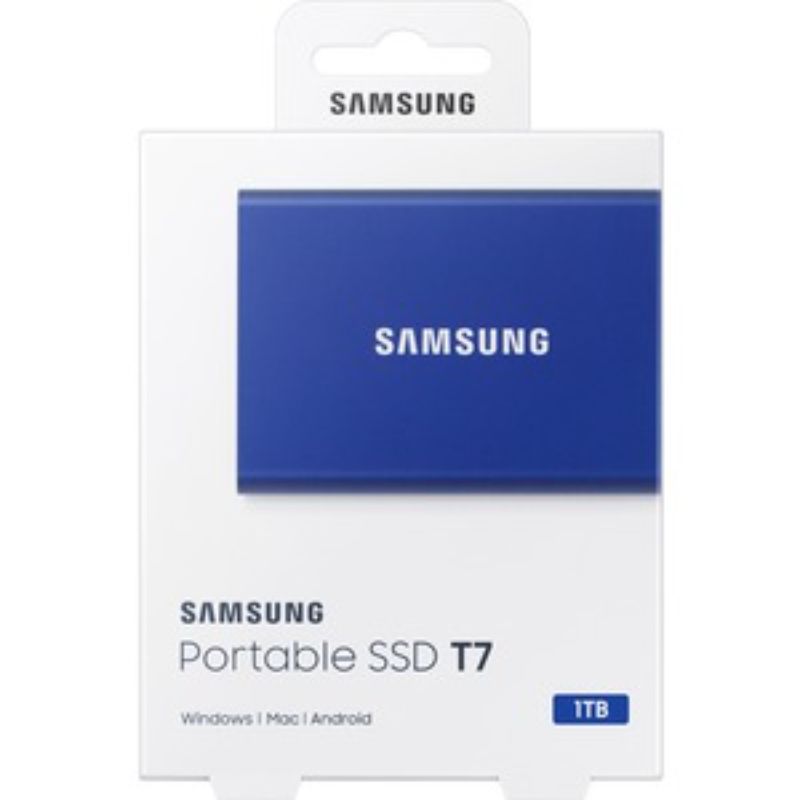 Samsung T7 1TB Portable SSD in indigo blue, featuring PCIe NVMe tech, USB 3.2 Gen 2, and 256-bit encryption for secure, fast storage.