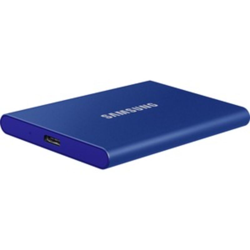 Samsung T7 1TB Portable SSD in indigo blue, fast data transfer at 1050 MB/s, with 256-bit encryption and USB Type-C connectivity.