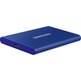 Samsung T7 1TB Portable SSD in indigo blue, fast data transfer at 1050 MB/s, with 256-bit encryption and USB Type-C connectivity.