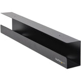 StarTech.com black steel cable management tray under desk, 23.6"L x 4.5"D, organizes cords and power strips safely.