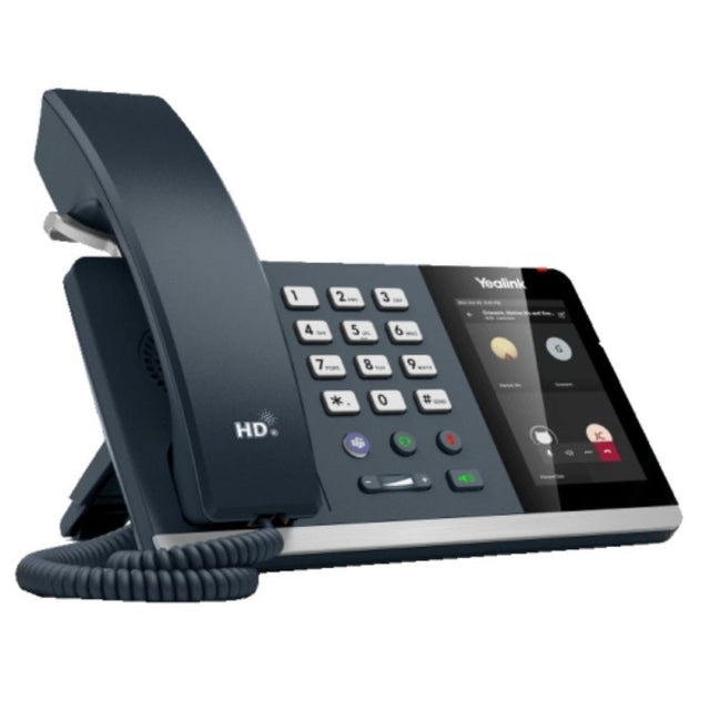 Yealink MP54 IP phone in classic gray, featuring VoIP, Teams button, PoE ports, and HD audio clarity for office use.