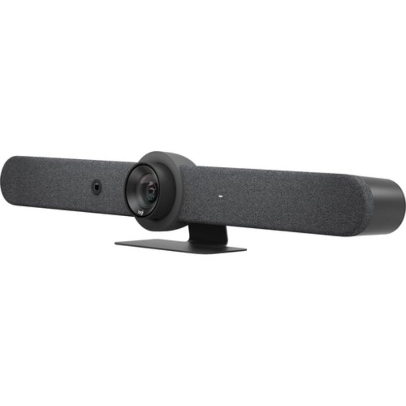 Logitech Rally Bar video conferencing camera in graphite, offering 4K video at 30 fps, AI auto-framing, and USB connectivity.