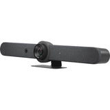 Logitech Rally Bar video conferencing camera in graphite, delivering 4K video at 30 fps with AI auto-framing and advanced audio.