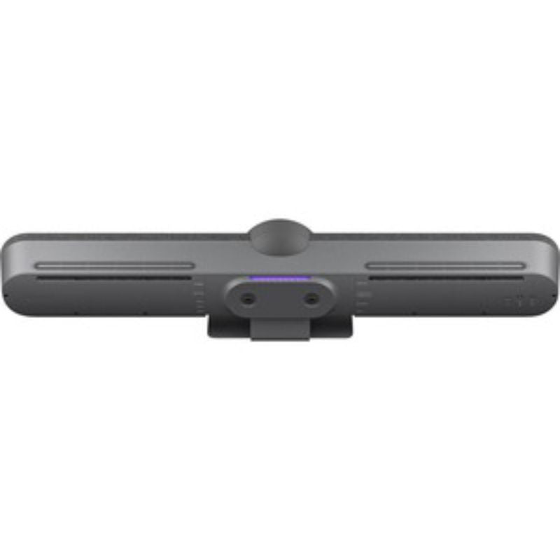 Logitech Rally Bar video conferencing camera in graphite with 4K video, USB connectivity, and advanced AI features for meetings.