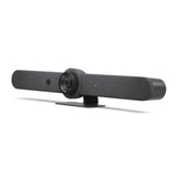 Logitech Rally Bar video conferencing camera in graphite, featuring 4K video, motorized PTZ, and advanced AI for enhanced meetings.