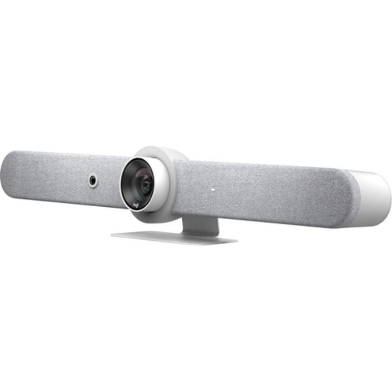 Logitech Rally Bar video conferencing camera in white, offering 4K resolution, 3x zoom, and AI-powered auto-framing.