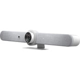 Logitech Rally Bar video conferencing camera in white, offering 4K resolution, 3x zoom, and AI-powered auto-framing.