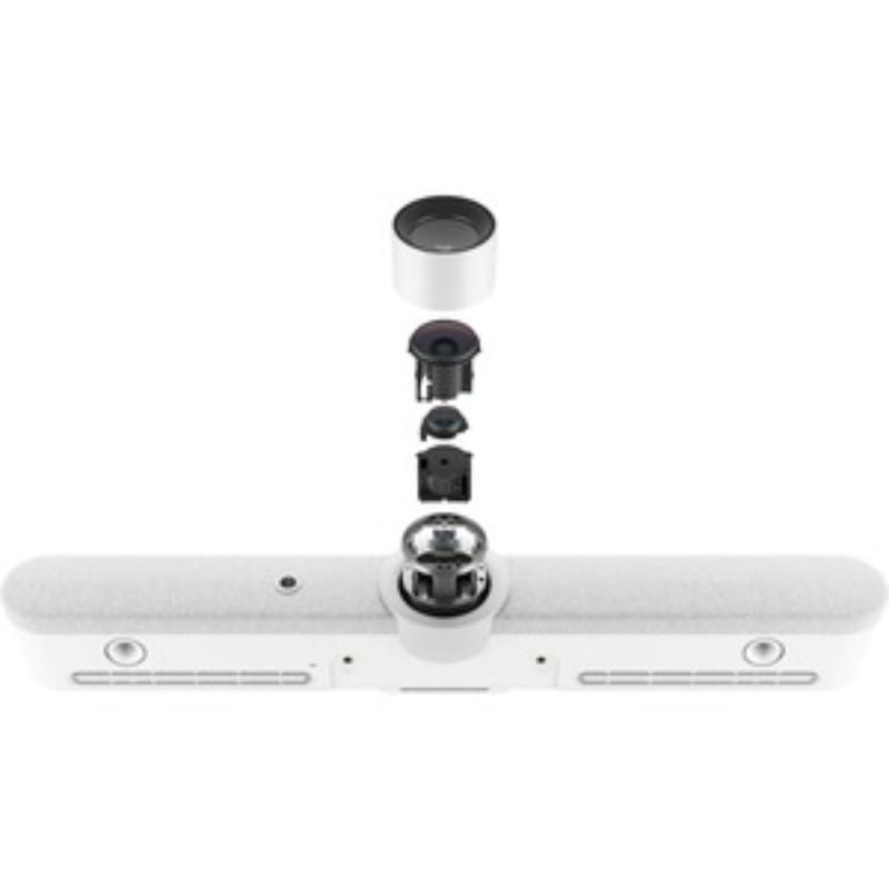 Logitech Rally Bar in white, a 4K video conferencing camera with 3x zoom, AI framing, and USB 3.0 connectivity for meetings.