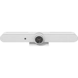 Logitech Rally Bar video conferencing camera in white, featuring 4K video, AI tracking, and 3x digital zoom for clear meetings.