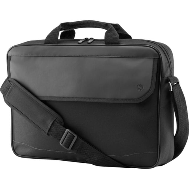 HP Prelude Carrying Case in black, water-resistant polyester, designed for 13" to 15.6" notebooks with ergonomic shoulder strap.