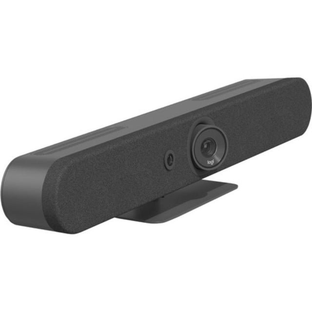 Logitech Rally Bar Mini video conferencing camera in graphite, features 30 fps, 4x zoom, and USB 3.0 for seamless virtual meetings.