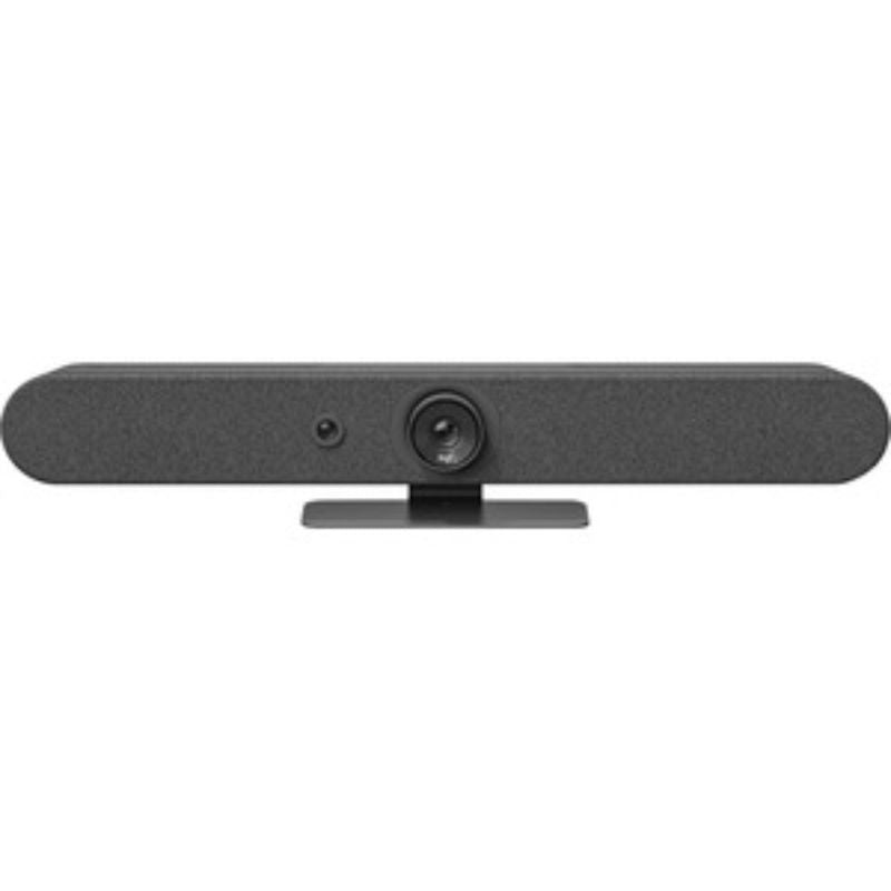 Logitech Rally Bar Mini video conferencing camera in graphite, featuring 4K resolution, 30 fps, and 4x digital zoom for small meetings.