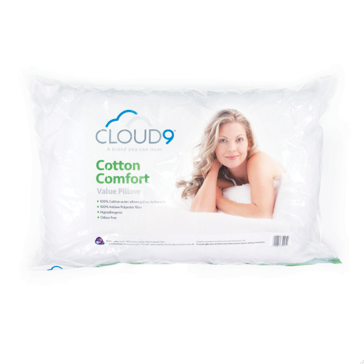 Cotton Comfort Pillow with breathable cotton cover and soft polyester fill for restful, hypoallergenic sleep.