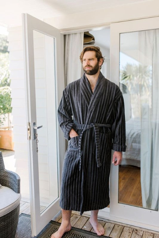 Luxury gunmetal bathrobe with stripe detailing, shawl collar, pockets, and waist tie; crafted from OEKO-TEX® cotton.