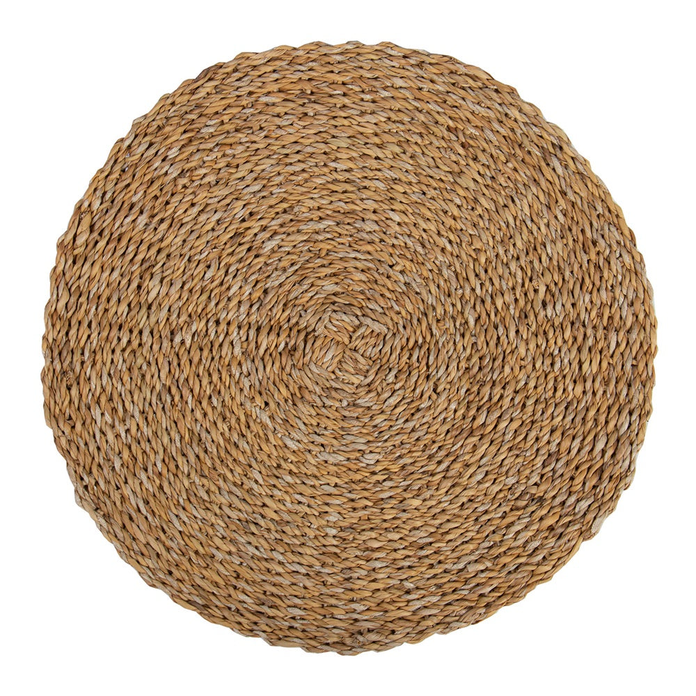 Handmade round seagrass placemat, 400mm, adds coastal charm and protects dining tables with eco-friendly style.