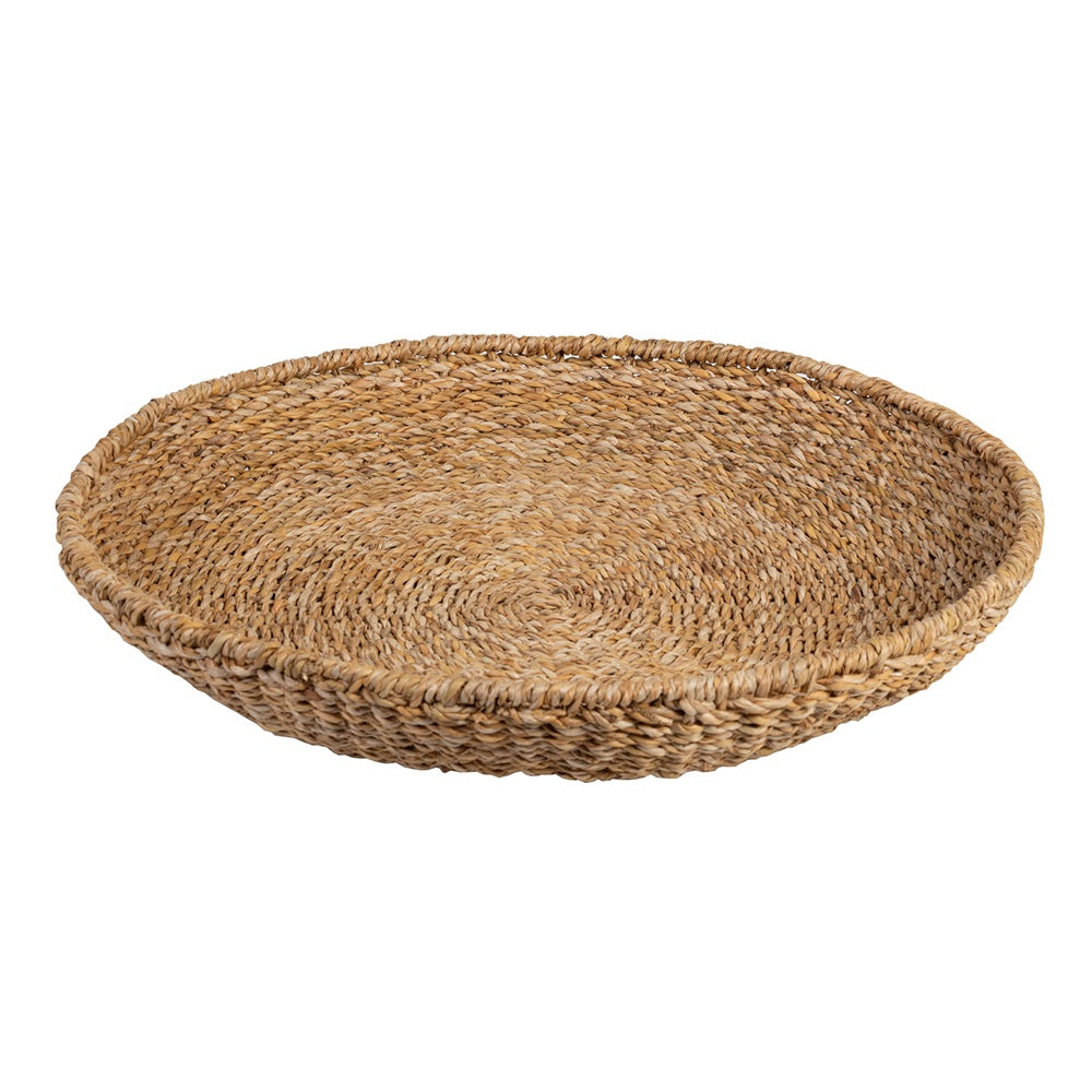 Handmade round seagrass tray with iron base, perfect for storage, display, or serving; eco-friendly and stylish addition to decor.