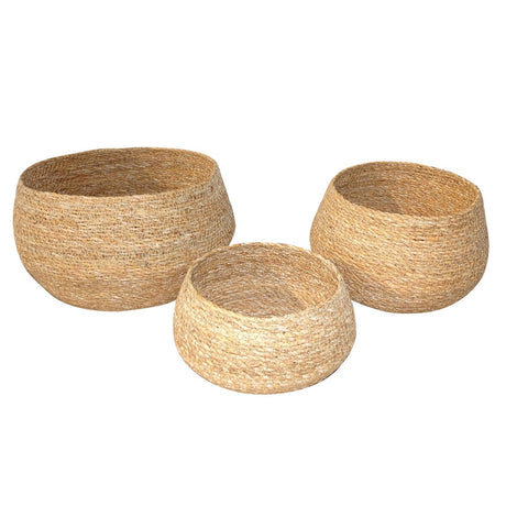 Natural round seagrass baskets set of 3 for stylish home organization, eco-friendly, handmade, and versatile storage solution.