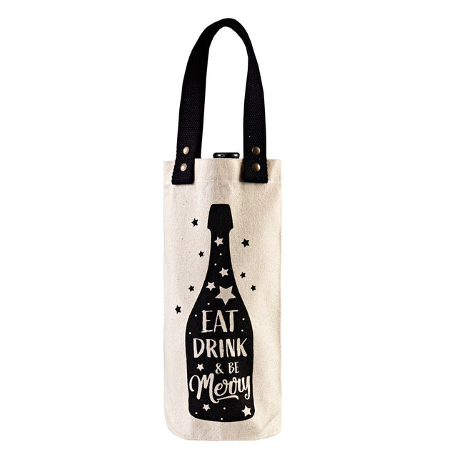 Natural and black cotton wine carrier with sturdy handle, stylish design for easy transport of wine bottles.